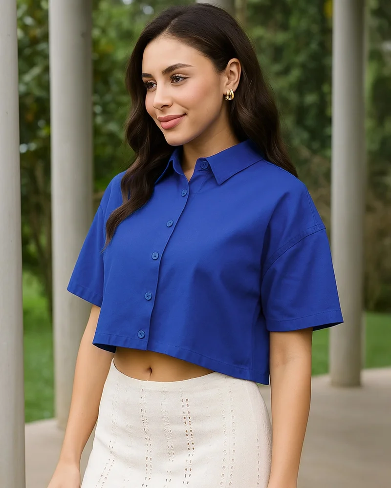 بيواكوف Women's Blue Oversized Crop Cotton Linen Shirt